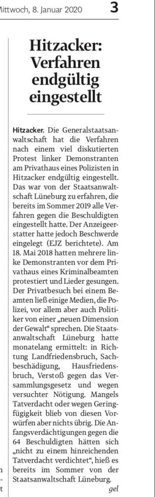 Hitzacker: Verfahren endgültig eingestellt. EJZ vom 8.1.2019